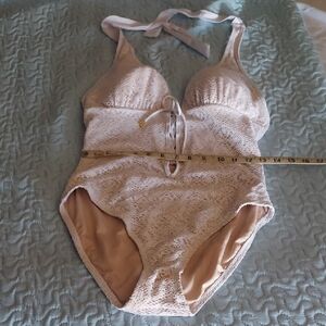 Lace Halter One-Piece Swimsuit in Beige